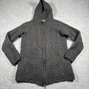 Inis Crafts Merino Wool Cable Knit Hooded Cardigan Sweater Gray Ireland M
